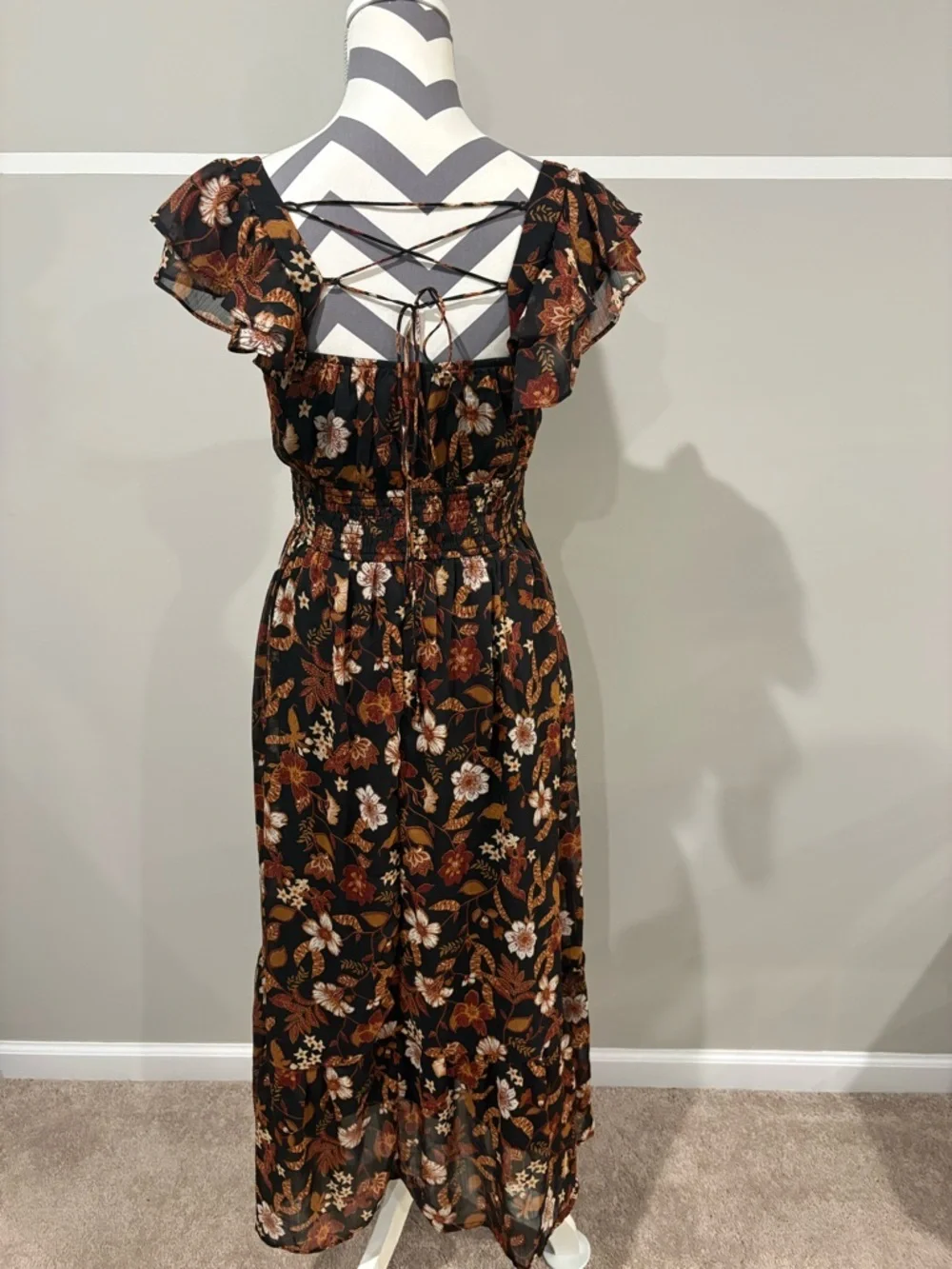 Blu Pepper Brown Floral Maxi Dress with Rust and Cream Accents